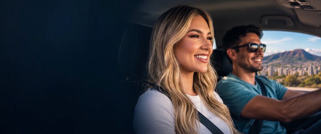 Duas pessoas sorrindo dentro de um carro, com a serra e a cidade ao fundo pela janela